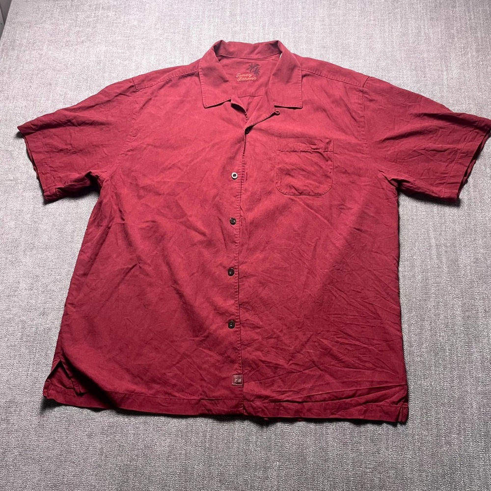 Tommy Bahama Shirt Mens XL Maroon Silk Tropical Short Sleeve Collared Button Up